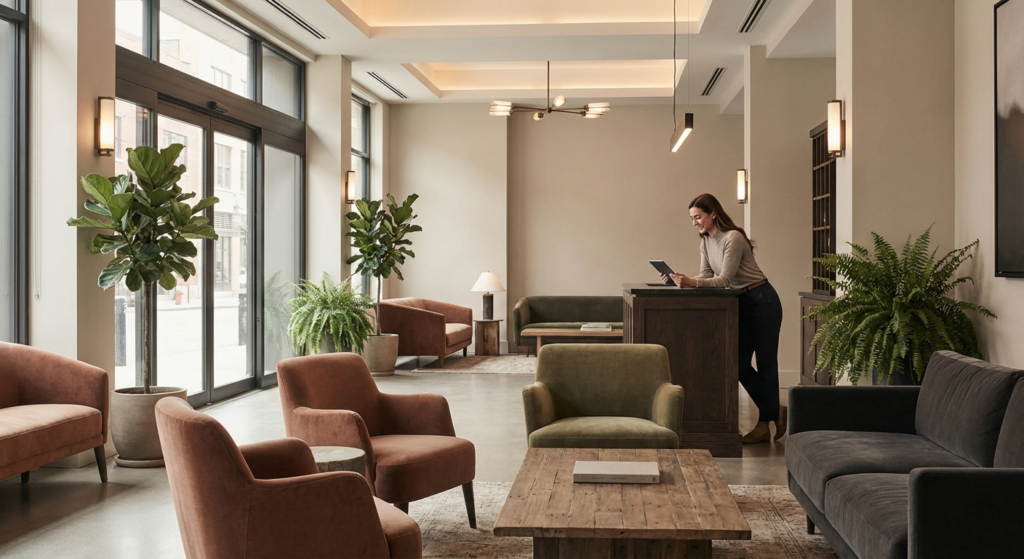 Hotel financing - boutique hotel lobby with warm lighting