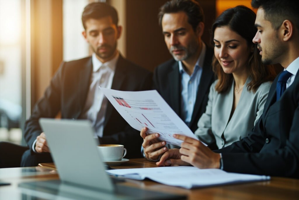 hotel financing discussion with investors reviewing hospitality property documents