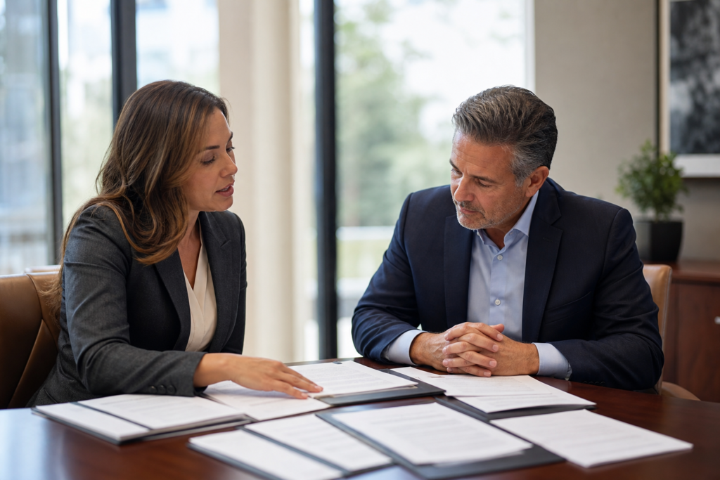 Commercial loan costs advisor reviewing settlement statement and fee worksheet
