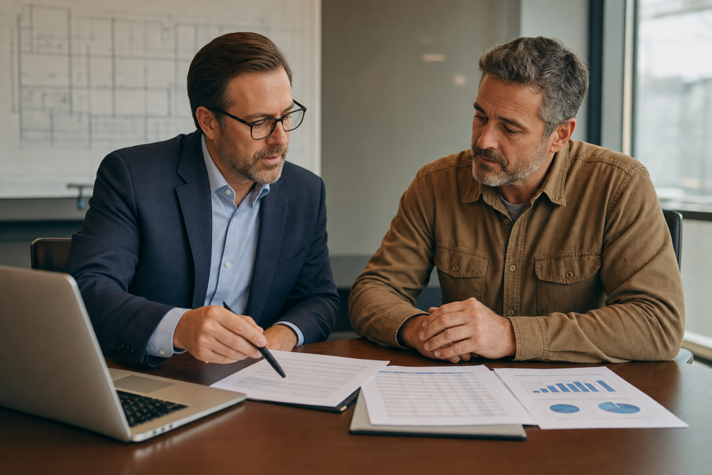 Industrial bridge loans advisor reviewing owner-user acquisition documents