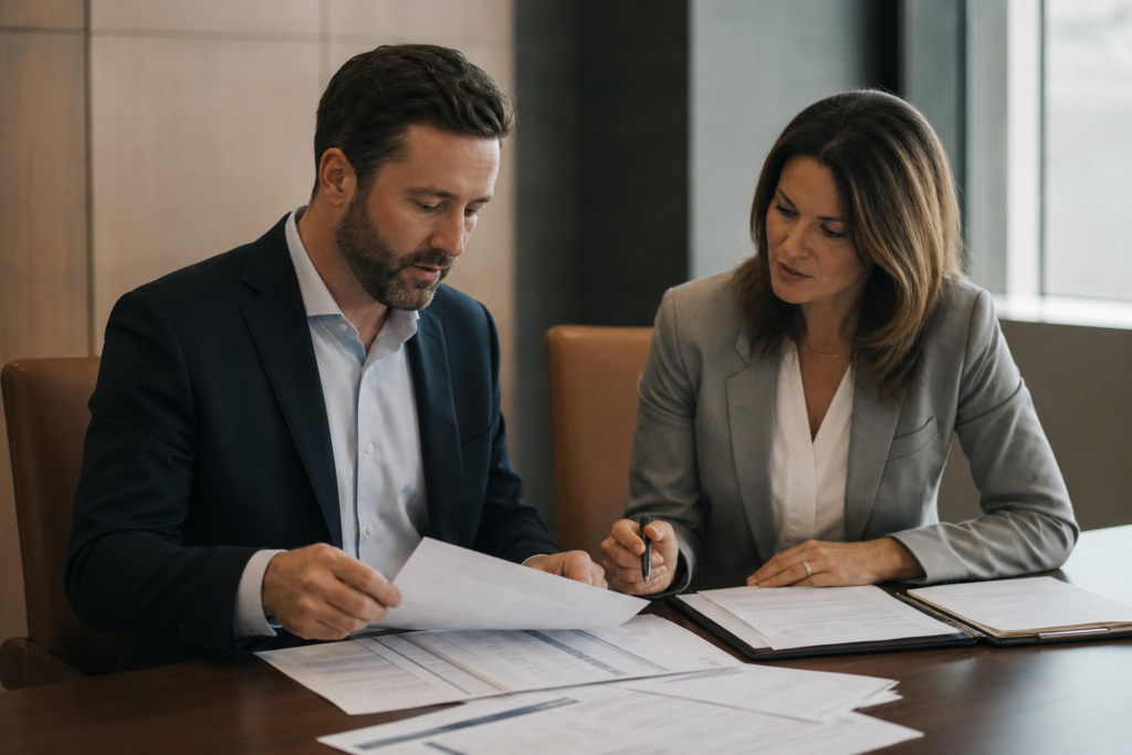 Commercial auction funding advisor reviewing bid and bridge loan documents