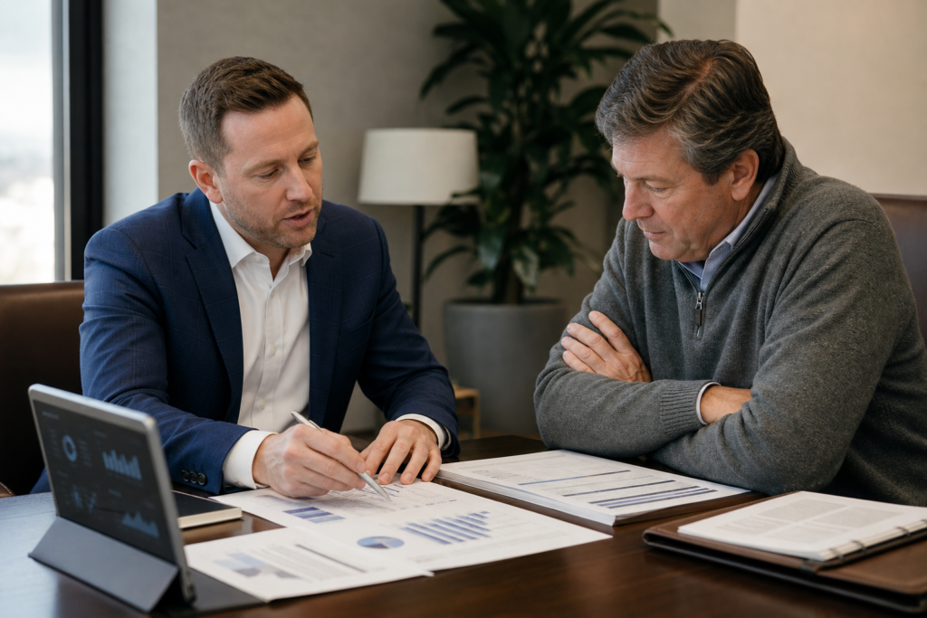 Self-storage financing advisor reviewing occupancy and unit mix reports