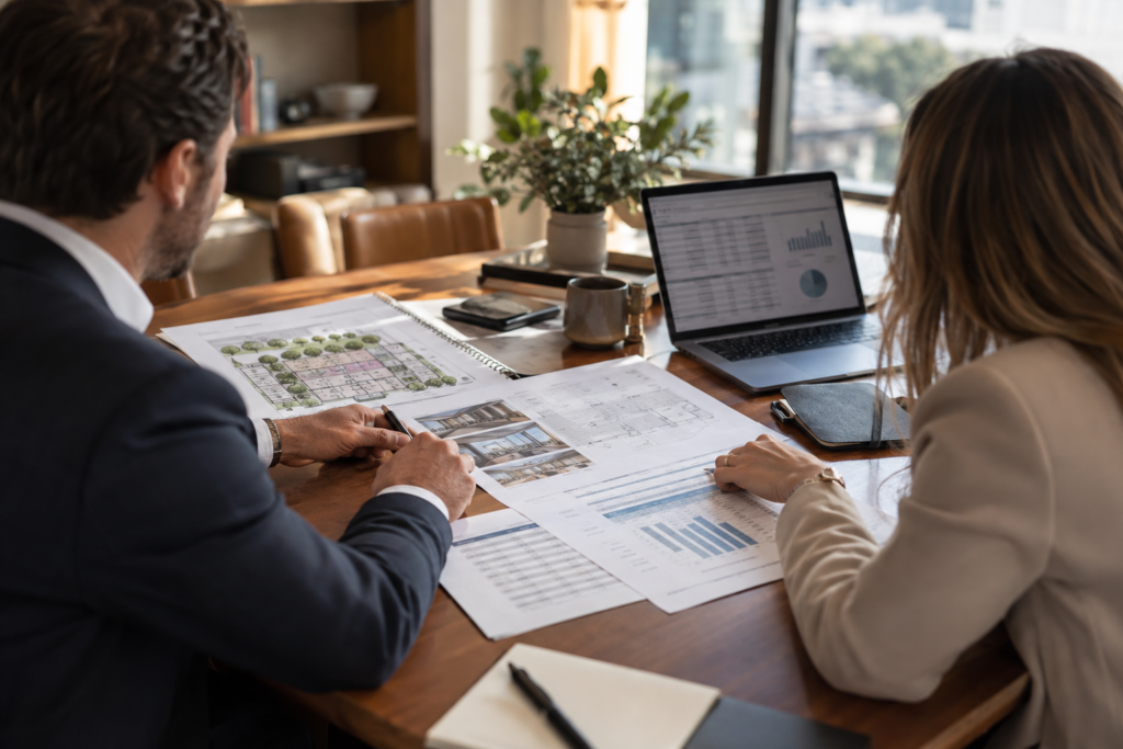 Mixed-use financing package with rent roll, development plan, and bridge loan worksheet reviewed by advisors