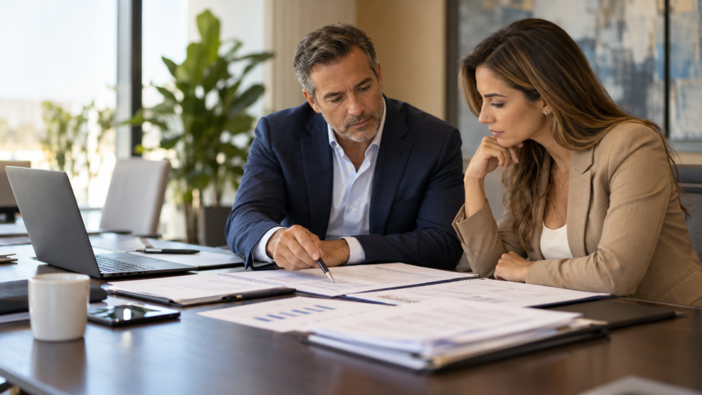 Borrower and commercial finance advisor reviewing a loan maturity calendar and extension request